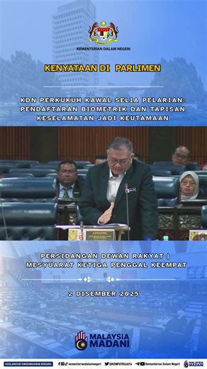 KDN Memperkukuh Pengawalseliaan Pelarian: Pendaftaran Biometrik dan Tapisan Keselamatan Menjadi Keutamaan Kementerian Dalam Negeri (KDN) menegaskan bahawa keselamatan negara kekal menjadi keutamaan dalam pelaksanaan program pendaftaran pelarian dan pemohon suaka yang akan dilaksanakan oleh Jabatan Imigresen Malaysia. Melalui program ini, semua data biometrik akan dikumpulkan secara rasmi oleh kerajaan bagi memastikan hanya mereka yang melepasi proses penentuan status pelarian serta dijamin lulus