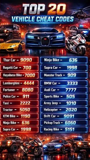 Top 20 Vehicle Cheat Codes 🚗 |Thar, Bugatti, Supra, Ninja Bike Cheat Codes | Indian Bikes Driving 3D