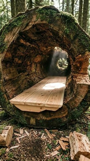 Building bed in fallen tree trunk ASMR #survival