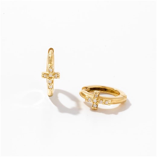 Diamond Cross Earrings - 14k Solid Gold Cross Hoops Earrings for Women - Etsy 日本