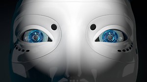 Close-up of moving and blinking blue eyes of humanoid robot with shiny white plastic skin against dark background. Loop sequence. 3D Animation