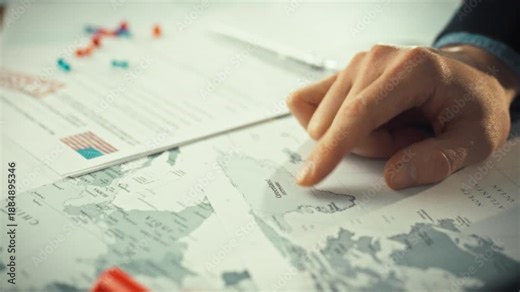 An official gestures forcefully towards Greenland on vast map, surrounded by documents marking pins, asserting sovereignty over island territory in North Atlantic Ocean, strategic region near Denmark