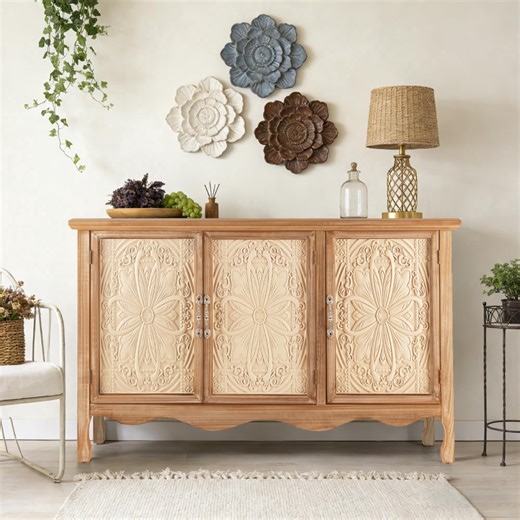 Heynemo 3-Door Accent Cabinet, Wood Vintage Sideboard, Entryway Rustic Buffet Storage Cabinet for Kitchen, Dining Room, Living Room, Bedroom, Natural