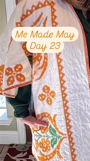 Me Made May Day 23. I searched for several months for a cross-stitch quilt I could transform into a coat. This quilt was originally part of a bed spread cross-stitch kit. It actually had not been completely finished, but honestly I can’t even imagine how long it would take to cross-stitch an entire bed spread. I loved the orange since we have three OSU Cowboys in our family. 🧡🖤🧡 I used an orange and white plaid fabric for the binding and of course I had to add pockets! It’s the perfect weight