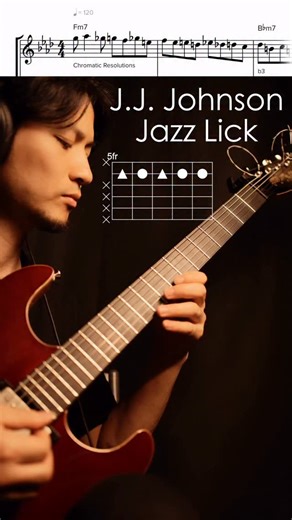 This is a really cool chromatic line lick by J.J. Johnson. I a fan of trombone players in general, two of my mentors at berklee were trombonists, Phil Wilson and Hal Crook. I’ve been playing with trombonist Justus Heher in the band Woodsiders Collective every week for a while now as well. I just used index and middle finger for the chromatic run part on the 2nd string. It was played on 2 bars of Fm7 going into Bbm7. It is resolving to b3 of Bbm on the downbeat of bar 3. I feel I would like to in