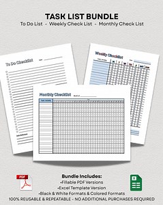 Task List Bundle - Printable & Editable Checklist - to Do List, Weekly and Monthly Checklist - PDF and Excel Files - Etsy Canada