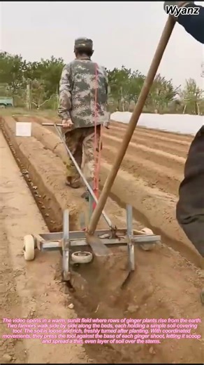 Farming Technique: How Two Farmers Cover Ginger With Soil Using a Mulch Tool