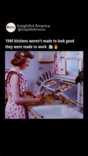 Insightful America on Instagram: "Kitchens in 1949 weren’t meant to be Instagram backdrops—they were built for real life. Every element served a function: tile countertops for easy cleaning, deep cabinets with integrated flour bins, metal drawers lined with wax paper, and fold-out ironing boards tucked beside the stove. There was even a designated spot for the phone, because the kitchen functioned as the home’s control center. No smart devices. No passing trends. Just practical design shaped aro