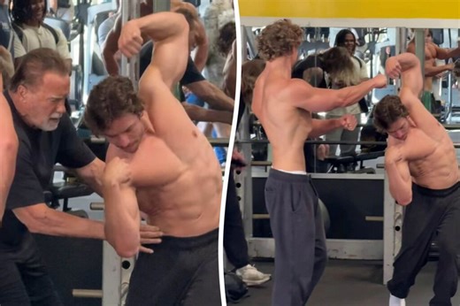 Arnold Schwarzenegger teaches son Joseph Baena how to pose