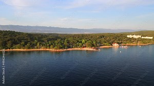 Picturesque situated camping at Adriatic sea coastline. Filmed in 4k, drone video.