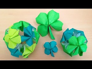 折り紙のくす玉 四つ葉のクローバー 12ユニット 簡単な折り方(niceno1) Origami Kusudama four leaf clover 12units