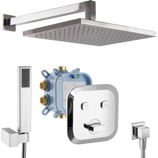 PaulGurkes Regendusche Unterputz mit Box Select Armatur eckig Chrom Handbrause