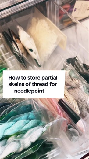 I have gotten a lot of questions lately on how I store partial skeins of thread! So here’s a good look at what I do! #needlepointorganization #threadstorage #needlepointcommunity #needlepoint #needlepointtiktok