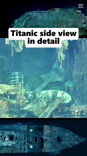 The wreckage of the Titanic. Footage shows the side view in details.
