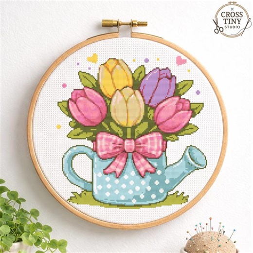 Tulip Bouquet Cross Stitch Pattern PDF, Spring Floral Embroidery Design, Watering Can Flowers, Cottagecore Home Decor, Instant Download PDF - Etsy