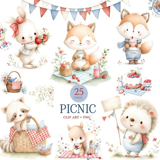 Watercolor Picnic Animal Clipart Bundle: 25 PNG Elements (commercial Use) - Etsy