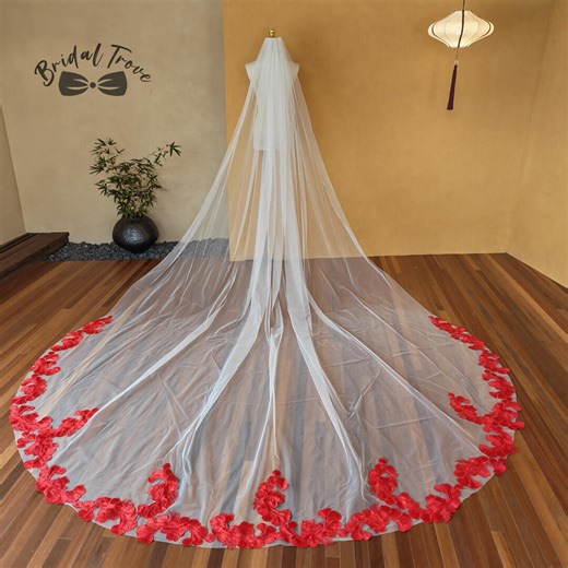 Red Lace Bridal Veil, 118" Wedding Veil, Flower Wedding Veil, Handmade Veil. - Etsy