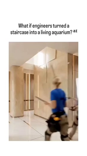 @globely.io on Instagram: "The AI-generated video depicts engineers assembling a transparent glass staircase into a functional multi-level aquarium, from sealing panels and adding substrate to stocking fish and corals, emphasizing innovative structural integration. Real-world examples exist in luxury architecture, such as aquarium-embedded stairs in high-end hotels like Dubai's Atlantis, where acrylic reinforcements and advanced filtration ensure water integrity under load-bearing stress. Such d