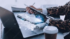 Technology and people concept man use AI to help work, AI Learning and Artificial Intelligence Concept. Business, modern technology, internet and networking concept. AI technology in everyday life.