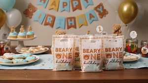 Beary First Birthday Party Favor Bag 50Pcs Brown Bear Sweet Goody Candy Treat Gift Bags Beary One My 1st Birth Day Theme Party Decorations for Kids One Year Old Birthday Supplies