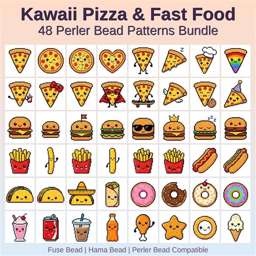 Kawaii Pizza Fast Food Perler Bead Patterns Bundle (48 Designs) (digital Download) - Etsy