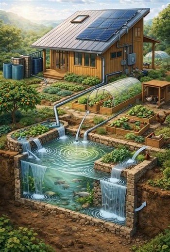 A Closed-Loop Homestead System Integrating Water, Food, and Energy This illustration presents a self-sustaining household system that connects rainwater collection, gray water reuse, food production, and renewable energy into a single, efficient cycle. Each component supports the others, reducing waste while maximizing productivity from limited resources. Collecting Rainwater and Household Gray Water Rainwater is captured from roof surfaces and guided into storage and treatment areas. In additio
