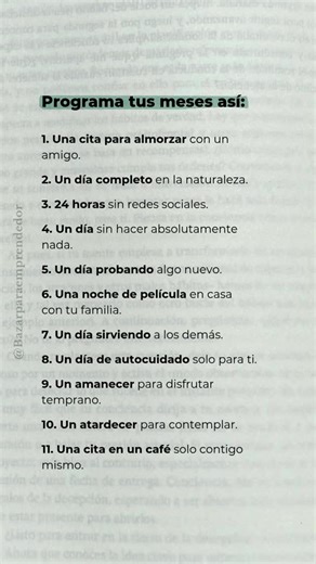 Libros de Desarrollo personal | Autoayuda📚 on Instagram: "✨ Programa tu mes con intención, no solo con tareas. A veces no necesitamos más productividad, sino más presencia. Elegí días para disfrutar, desconectarte, conectar y simplemente ser. No se trata de llenar tu agenda, sino de darle sentido. ¿Cuál de estos 11 momentos te gustaría sumar este mes? 👇💬 #Autocuidado #CrecimientoPersonal #RutinaConsciente #VidaEquilibrada #BazarParaEmprendedor #Bienestar #PazMental #Mindf