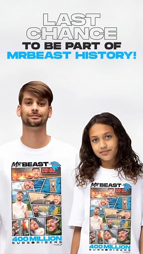 MrBeast.store on Instagram: "🎉 400 MILLION subscribers! An epic milestone comes with epic merch! Grab your piece of YouTube history with the limited edition MrBeast 400 Million Subscribers Tee! Featuring iconic @mrbeast moments captured in comic-style graphics - this shirt is a must-have collectible! ➡️ Available exclusively from mrbeast.store"