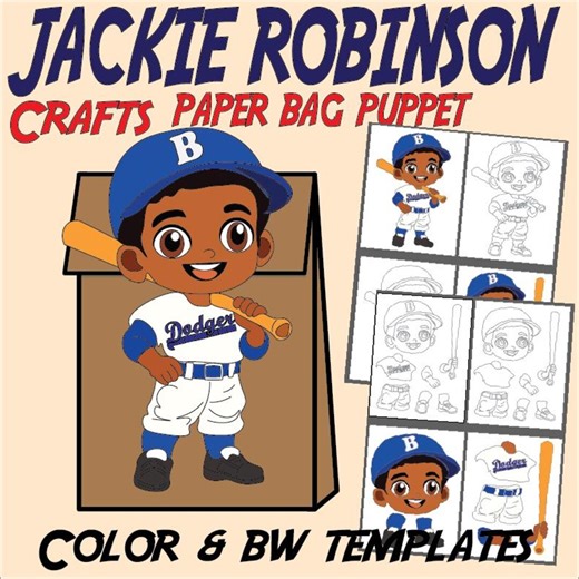 Jackie Robinson Paper Bag Puppet Craft | Black History Month Activity Baseball Legend Paper Puppet Printable Sports Hero Craft Color BW - Etsy
