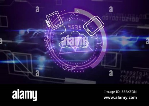 HUD appearing, cloud-play icon morphing, devices orbiting, counters updating, visualizing sync flow. Futuristic, neon, interface, holographic, digital, circuitry, dashboard Stock Video Footage - Alamy