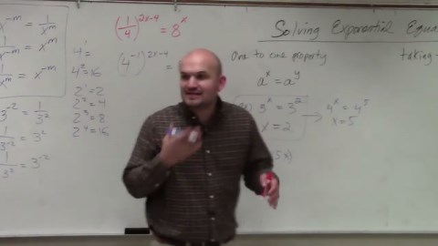 Rewriting two exponents to the same base so you can use the one to one property to solve