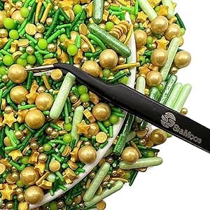SE Si&Moos Sage Green and Gold Sprinkles 4.6 OZ Gold and Green Edible Pearls for Cake Decorating Jungle Sprinkles Baby Shower Birthday Halloween Christmas Cookie Decorations with Tweezers