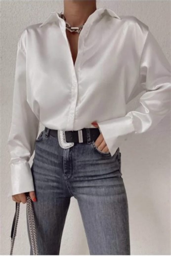 Chemisier oversize en satin blanc – Chemisier boutonné pour femme, haut ample à manches longues - Etsy France