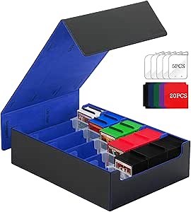 5 Row Trading Card Storage Box, 3800+Bulk Card Organizer Box with 20 Dividers & 5 Supporters, Graded Card Deck Box for YuGiOh, MTG, TCG Black/Blue