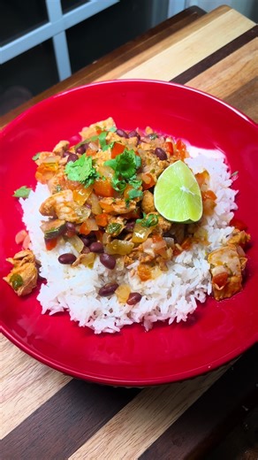 Cuban inspired chicken and beans - 2lbs boneless skinless chicken thighs, cut into cubes - 1/4 cup orange juice - 1/3 cup lime juice (about 2-3 limes) - 2 tsp paprika - 2 tsp cumin - 2 tsp black pepper - 2 tsp dried oregano Mix together seasonings, orange juice and lime juice. Pour this mixture over the cubed chicken and let this marinate ideally overnight. Next, you’ll need: - 2 small yellow onions chopped - 1 red bell pepper - 3-4 garlic cloves chopped - 1 15oz can of black beans, drained and 