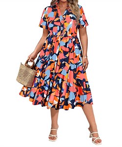 CASSIE LIZ Dresses for Women Plus Size 2X Casual Floral Boho Fall Dresses Fashion Midi Sundresses Short Sleeve Collared Elegant V Neck Dresses Loose Fit Summer Dress with Pocket 2XL 18W 20W