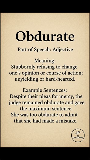 Obdurate (/ˈɒb.djʊ.rət/) (Adjective): Stubbornly refusing to change one’s opinion or course of...