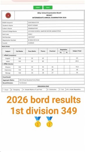 Bihar board 12th result 1st division 🥇💪🥇💪