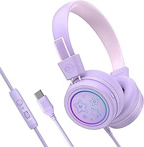 MEE Audio KidJamz KJ55 Safe Listening USB-C Headphones for Children with Multicolor LED Lights, Volume Limiter, & Mic; On-Ear Wired Headset for iPhone 16, iPad, & USB Type C Devices (Lavender)