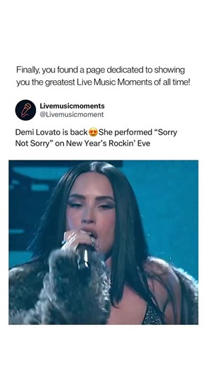 Live Music Moments on Instagram: "Demi Lovato was part of the star-studded lineup for Dick Clark’s New Year’s Rockin’ Eve with Ryan Seacrest 2026, performing her 2017 anthem “Sorry Not Sorry” live in Times Square as millions watched the countdown into the new year. Her appearance came amid a sprawling broadcast featuring acts across multiple cities, with Lovato delivering powerhouse vocals that leaned into the song’s message of resilience and confidence as the crowd cheered on. ￼ “Sorry Not Sorr