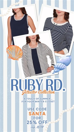 🏝️Warm Vibes🏝️in Winter! Now in Missy, Petite and Plus Sizes from Ruby Rd. Style: Top, Sweater, Tank and Cargo Pant Colors: Navy and Ivory Sizes: Missy, Petite and Plus Unique Features: Open Crochet Cardi with Double Zip Front and Pockets, Round Neck Tank, Spliced Stripe Top, Round Neck, Tie at the Neck, Racer Stripe, Kangaroo Pocket, Cargo Pant with Wider Leg, Pockets and Side Detail Save: 25% with code SANTA Click HERE to buy Ruby Rd: https://www.fourseasonsdirect.com/brands/Ruby-Rd.html?sor