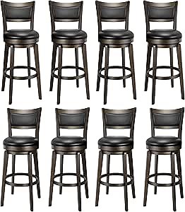 PrimeZone Swivel Bar Stools Set of 8, 30 Inch Bar Height Barstools, Black Faux Leather Bar Stool with High Backrest & Solid Wood Legs & Wrap-Around Footrest, Counter Stools for Kitchen Island, Pub