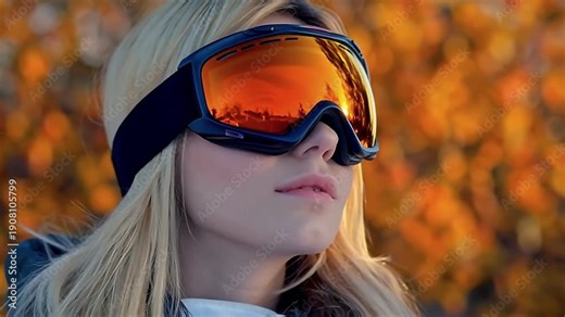 Portrait of a woman wearing ski goggles with reflective lenses, against a backdrop of autumn foliage