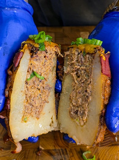 🌋🥓 Bacon-Wrapped Brisket Loaded Volcano Potato 🤯 Full recipe dropping soon and will be posted on my page 👊 #brisket #smokedbrisket #bbq #barbecue #food