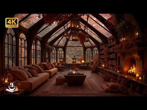 Warm Autumn Library Ambience 🍁 Soft Jazz, Candlelight & Falling Leaves for Peaceful Study Moments