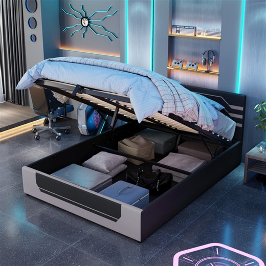 Queen Size Hydraulic Storage Gaming Bed Frame, Cyberpunk Esports Platform Bed for Gamers