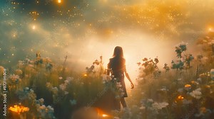 A woman wearing a cloak walks through a field filled with colorful flowers, Enchanting fairytale landscapes with magical elements
