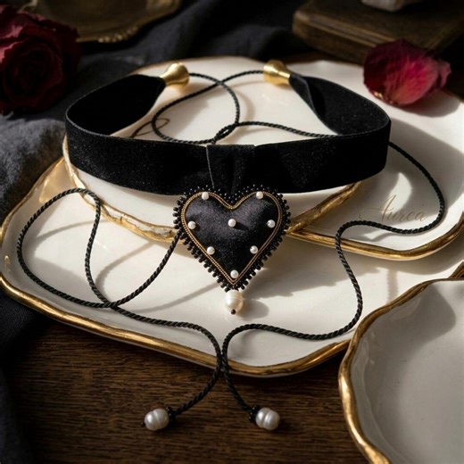 Black Velvet Heart Choker With Pearls, Victorian Gothic Necklace, Dark Romance Jewelry - Etsy