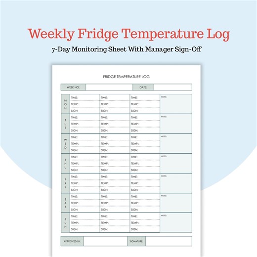 Weekly Fridge Log - Manager Signature - 3 Checks per Day - Google Docs and PDF - Etsy