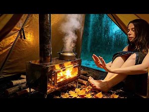 Solo Girl Hot Tent Camping in Heavy Rain 🌧Cozy Wood Stove Cooking | Pure Rain ASMR